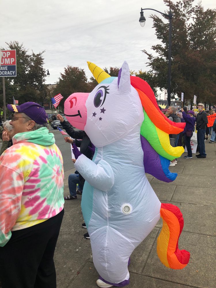 Blow up rainbow unicorn protestor 