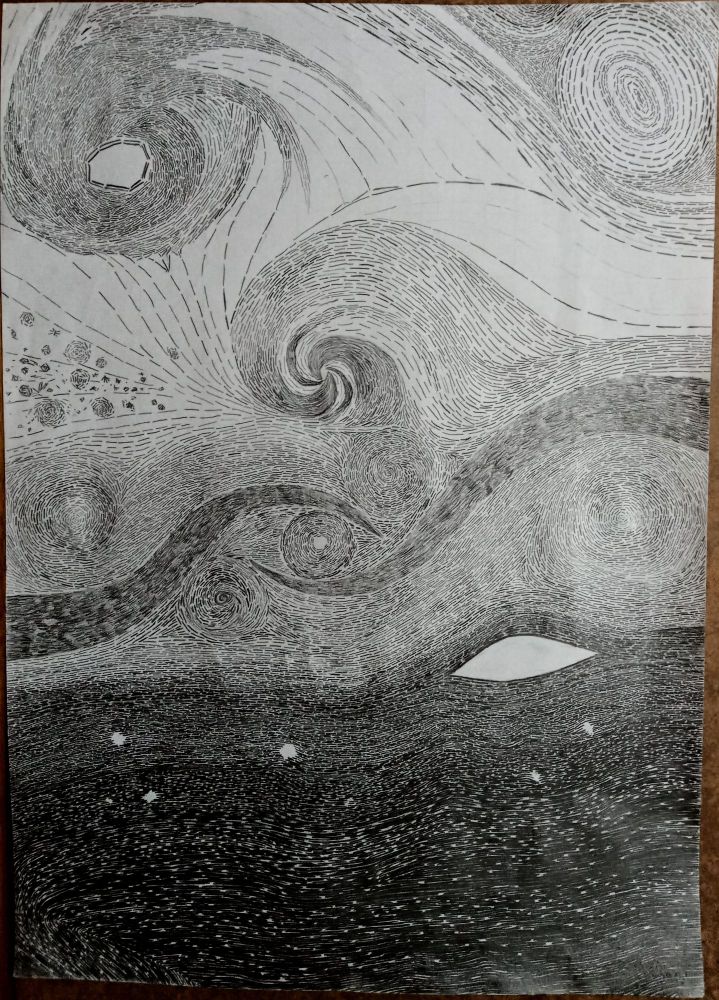 Traditional abstract drawing made with pencil on paper named "convergence" containing seemelessly random straight lines forming pathers of twists and turns combined