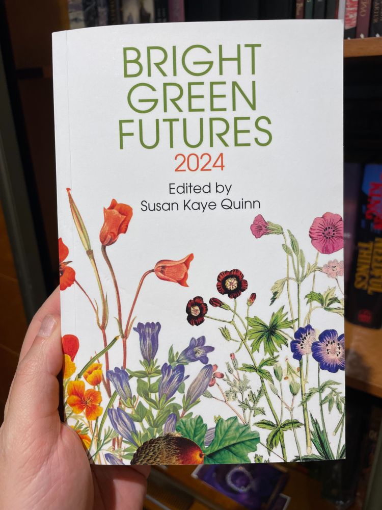 A white hand holding a book with a white cover with several flowers. It's called Bright Green Futures 2024. Edited by Susan Kaye Quinn.