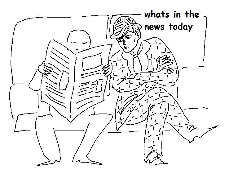 Dead Man's Questions Kira drawn in MS Paint. He is sitting in a bus with his arms and legs crossed, looking over the shoulder of a nondescript passenger reading a newspaper. He says "whats in the news today."