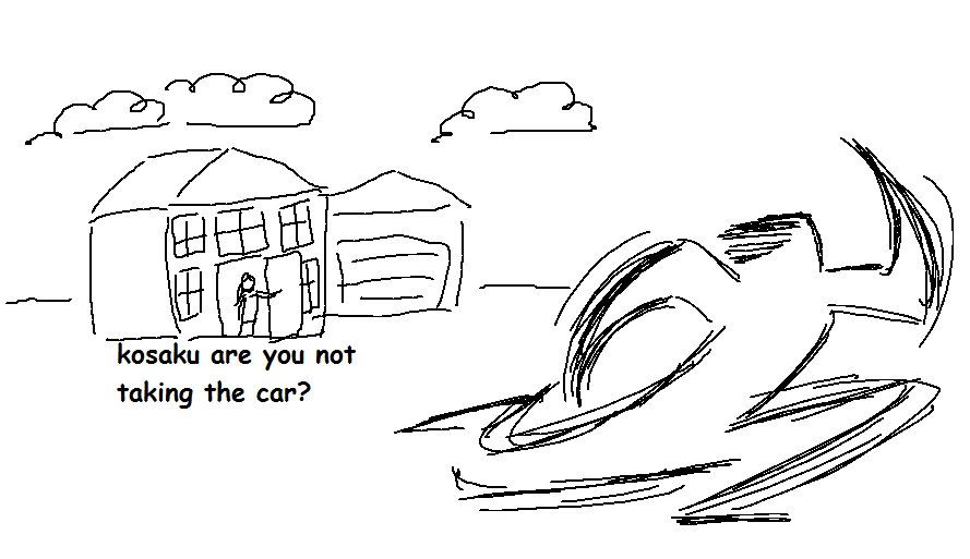 An outside view of Kosaku Kira running out of the house, his body a blur. In the background Shinobu stands at the front door, saying "kosaku are you not taking the car?"