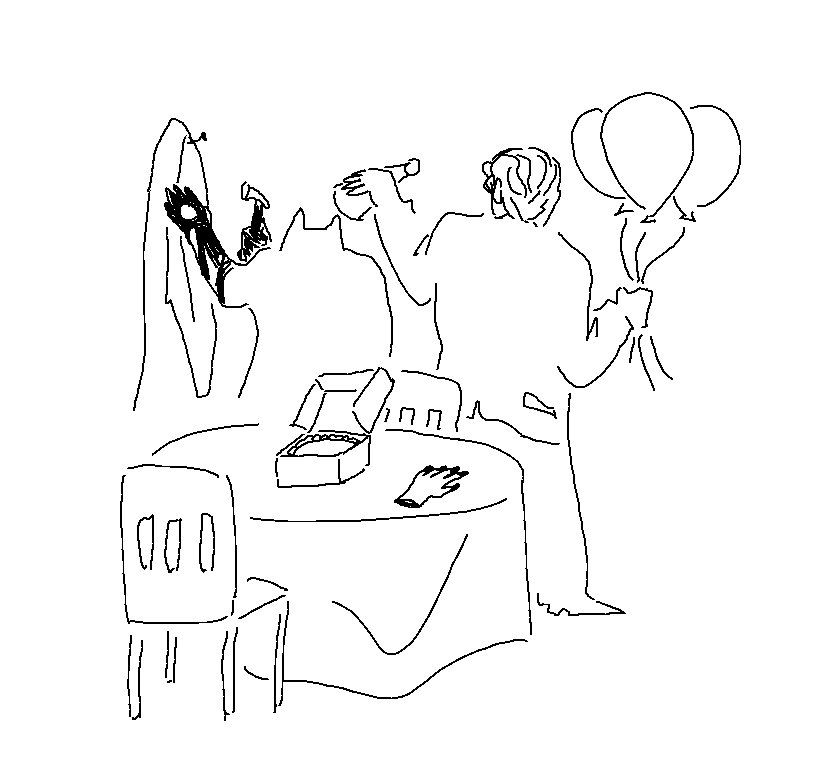 Kira and Killer Queen are setting up for a party. Killer Queen is pinning up a banner using a hammer and nails. Kira is holding balloons and is putting a party hat on Killer Queen's head. On the table is a cake box and a disembodied hand with painted nails.