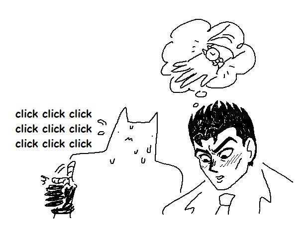 Kosaku Kira is looking down in amazement at the clock off-screen, imagining it as a wristwatch. Killer Queen is next to him sweating profusely and clicking its thumb in a bomb detonation gesture. sfx: click click click click click click click click click.
