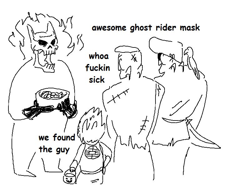 Killer Queen is outside with the bowl of candy, his choice in costume being a flaming skull like his emblem. Josuke, dressed as a pirate, says "awesome ghost rider mask." Okuyasu, dressed as a zombie, says "whoa fuckin sick." Koichi, dressed as Goku, says "we found the guy."