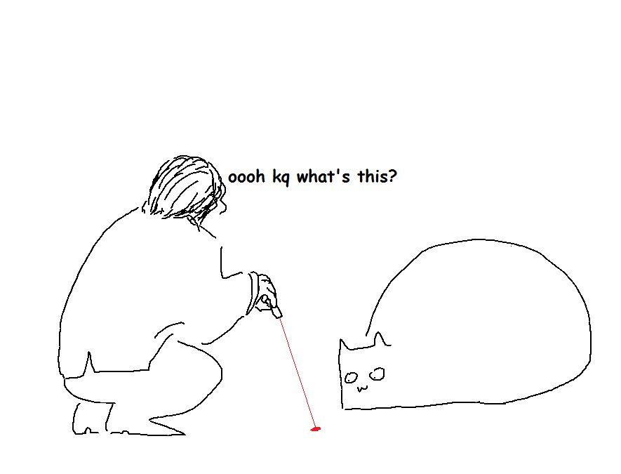 Kira Yoshikage and Killer Queen drawn in MS Paint. Kira is crouched down next to Killer Queen, who is loafing on the ground. Kira aims a laser pointer on the ground in front of Killer Queen's view, who is looking at the red dot with wide interested eyes. Kira says "ooh kq what's this?"