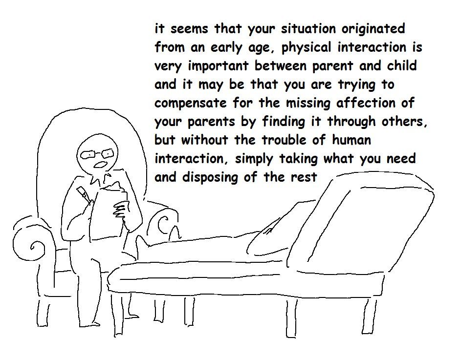A drawing in MS Paint. A nondescript psychologist with a pencil and clipboard is sitting in a chair, talking to a patient on a reclining couch. He says "it seems that your situation originated from an early age, physical interaction is very important between parent and child and it may be that you are trying to compensate for the missing affection of your parents by finding it through others, but without the trouble of human interaction, simply taking what you need and disposing of the rest".
