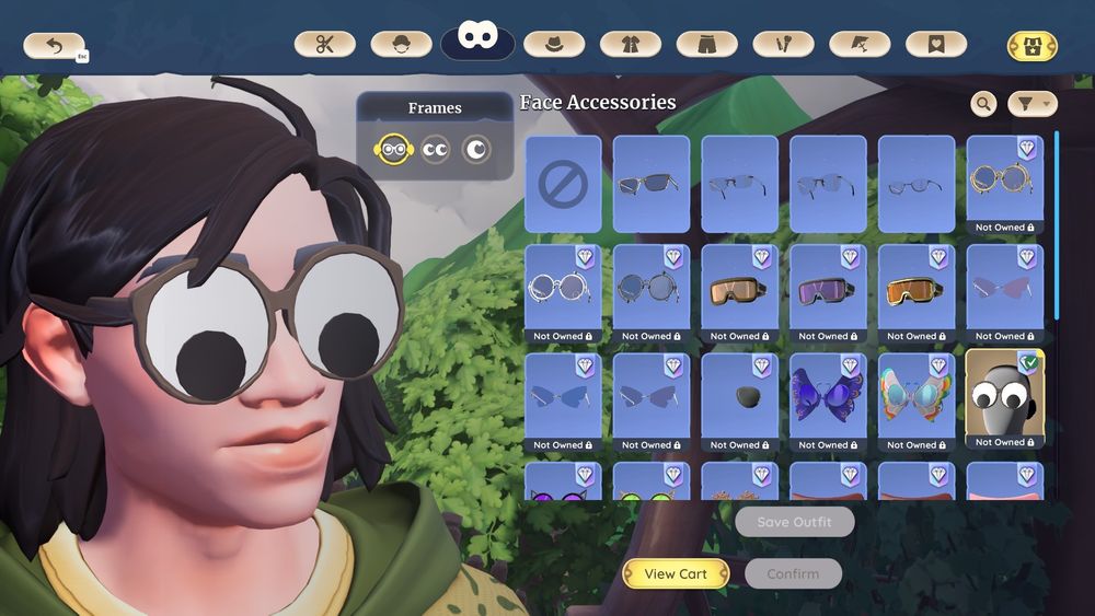 My Palia character wearing googly eye glasses