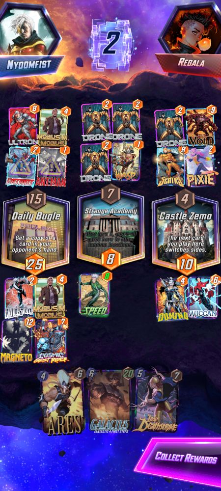 A screenshot of Marvel Snap, where my Cosmic Ghost Rider has removed the text from my opponent's Patriot and Ant-Man