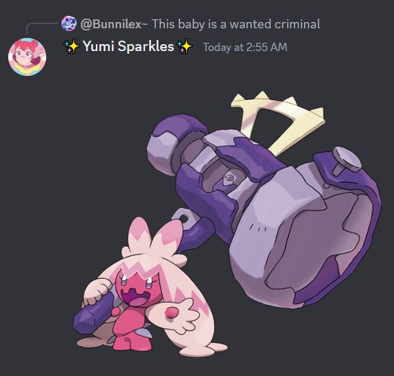 Image of Tinkaton with the caption "This baby is a wanted criminal"
