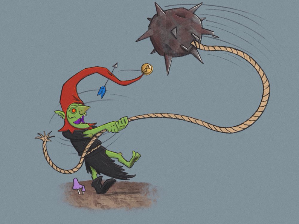 A night goblin fanatic from Warhammer fantasy, armed with a giant spiked ball connected to some rope that the goblin holds on to and spins around, hopefully into the enemy. The goblin has green skin, red eyes, a pointed nose and purple tongue. He is wearing black robes with a pointed red hood which has an arrow through it and a dwarf coin attached to the end.
