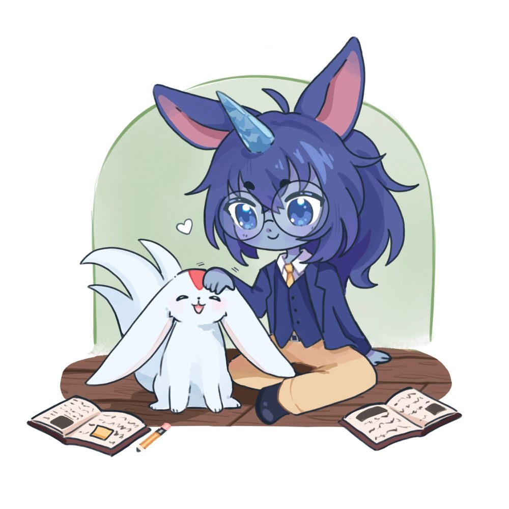 Chibi Lim sitting down and petting Guile Carb.
Drawn by Kero