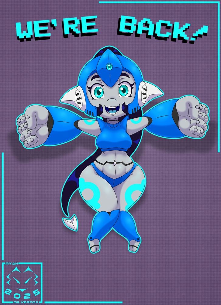 My digital OC Pixel announcing we've returned from Art Fight