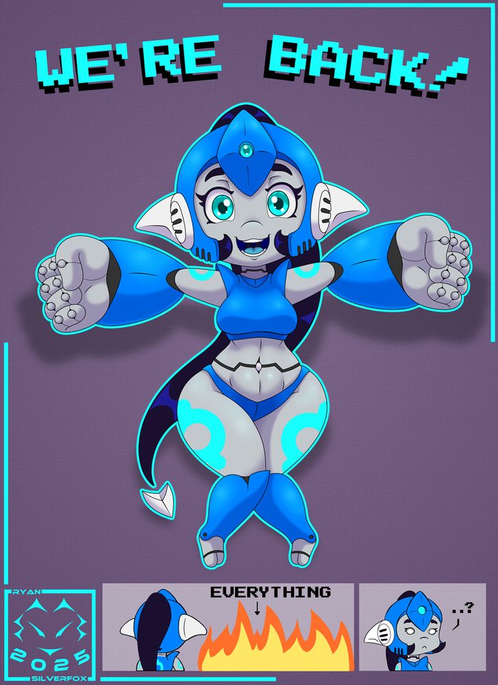 My digital OC Pixel announcing we've returned from Art Fight... and seeing the state of the world since last we've seen her.