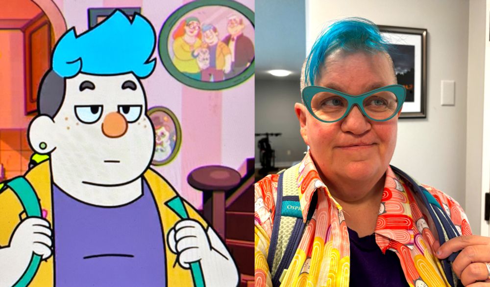 Character from the animated show Dead End Animated Park and real person. Both have shaved head, blue bangs, a backpack, a purple shirt, and an orange overshirt.