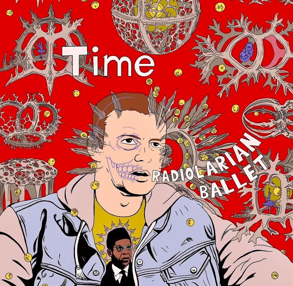 Here is the artwork I did for the new Time album: Radiolarian Ballet. It is a drawing of Time surrounded by radiolaria with ballet dancers in them, one of them has the Dirty Laboratory Productions baby logo inside it. On Time’s shirt is a drawing of Aimé Césaire. 
I am proud to have done the art for the cover on the new @time_raps album Radiolarian Ballet. 
The album is an ode to the brilliant Aimé Césaire. 
You can and absolutely should get a copy of the album here: 
https://thisistime.bandcamp.com/album/radiolarian-ballet