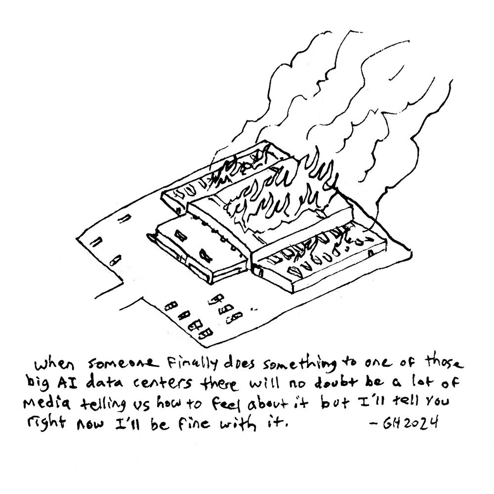 Here’s a drawing I did in my sketchbook of an AI data center burning. Pen and ink on paper. 