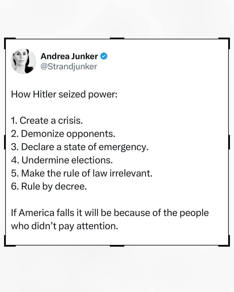 A post from Twitter user Andrea Junker (@strandjunker) that reads:
How Hitler seized power:
1. Create a crisis
2. Demonize opponents.
3. Declare a state of emergency
4. Undermine elections
5. Make the rule of law irrelevant
6. Rule by decree
If America falls, it will be because of the people who didnt pay attention. 
