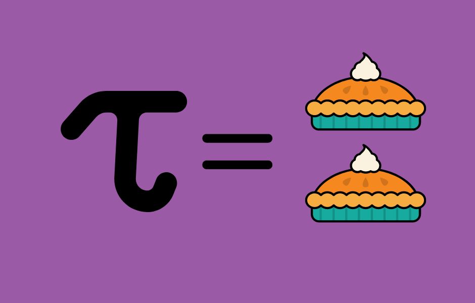 A graphic showing the mathematical sign for Tau followed by an equal sign followed by an illustration of two pies.