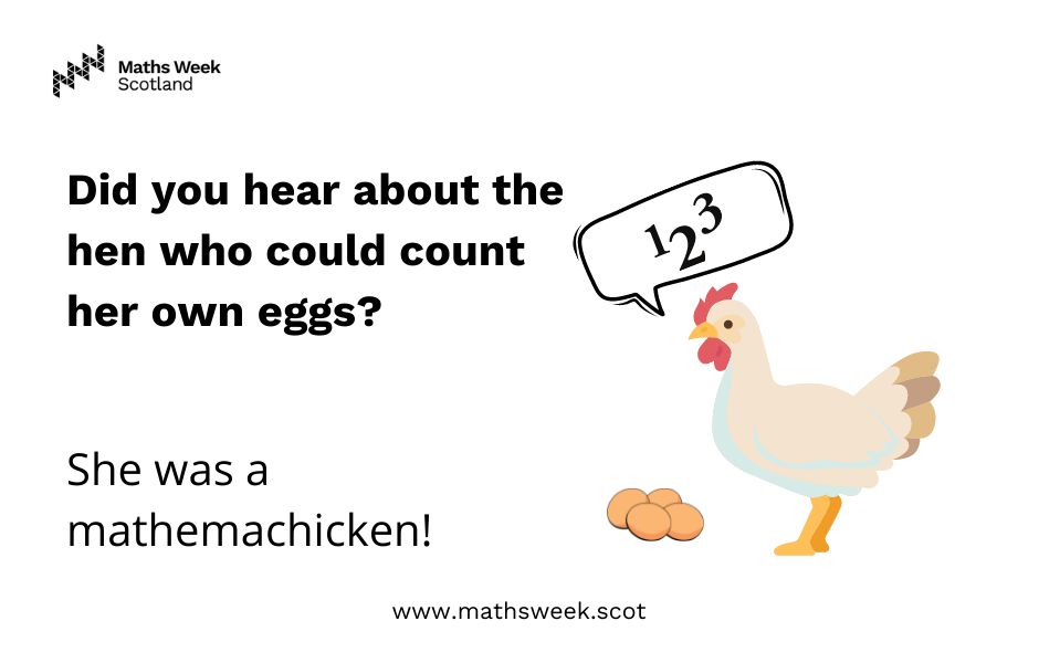 An illustration of a chicken with a speech bubble. The speech bubble has the numbers 1 2 3 inside it. The text reads" Did you hear about the hen who could count her own eggs? She was a mathemachicken!