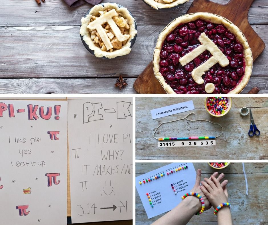 A collage of images, include cherry and apple pies with the mathematical pi symbol on top; a couple of written pi-ku poems; a bowl of coloured beads next to a bead necklace showing the number of digits in pi; and two beaded pipe cleaner bracelets showing the digits of pi.