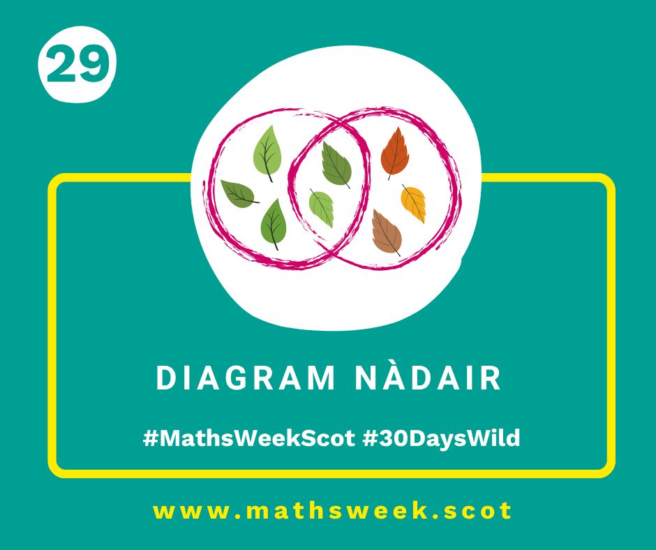 A colourful graphic with a green background and a yellow frame. Overlapping the top of the frame is a white circle with a picture of a Venn diagram with leaves of different shapes and colours. Inside the yellow frame are the Gaelic words "Diagram Nàdair" and the hashtags #MathsWeekScot and #30DaysWild. Under the frame is the Maths Week website URL.