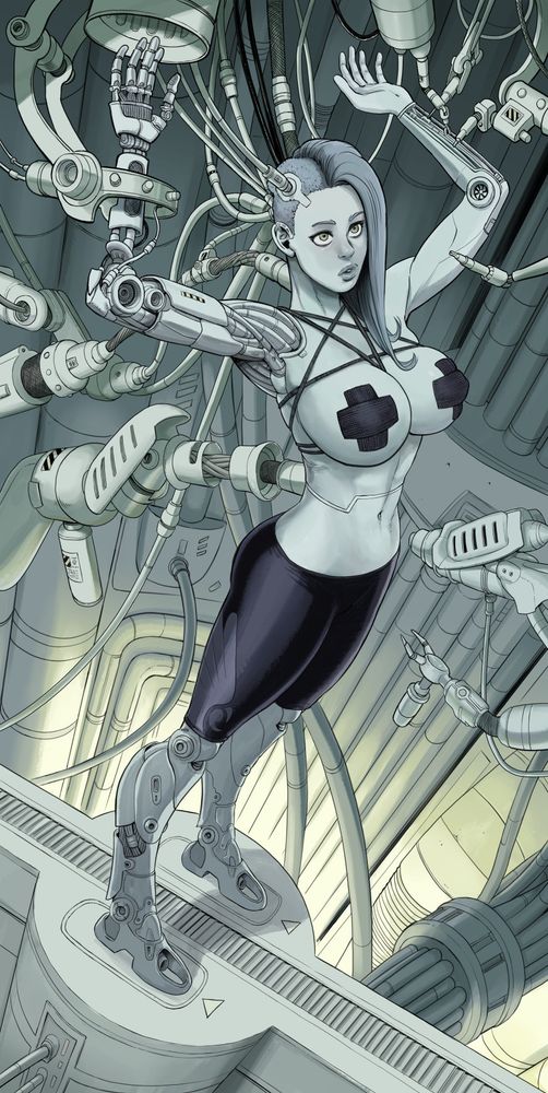 A cybernetic pin-up girl in a sci-fi facility undergoing her regular check-up.