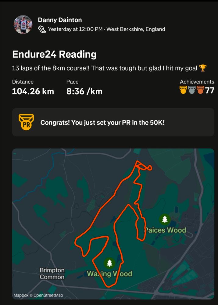 The image shows an activity in Strava, this was an ultra running event in Reading. I covered 104km which worked out as 13 laps of the 8km course.