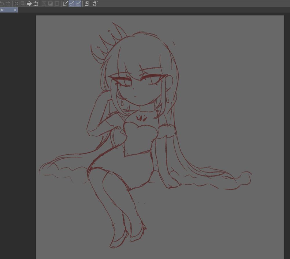 A Chibi of OP's old oc, which is wearing a dress and has a fluffy cape, sitting down with a hand in her hair