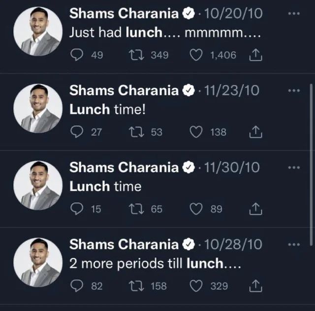 4 Shams Charania tweets from 2010 about lunch

“Just had lunch….mmmm…..”
“Lunch time!”
“Lunch time”
“2 more periods till lunch….”