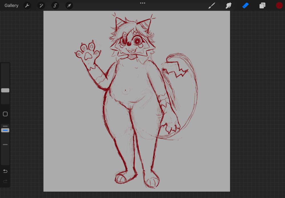 A early sketch of Blanca(It/They), my fursona, waving at the viewer while it’s tail, Sherb, is smiling with it’s mouth open.

Blanca is a piñata cat
Sherb is a tail maw attached to Blanca