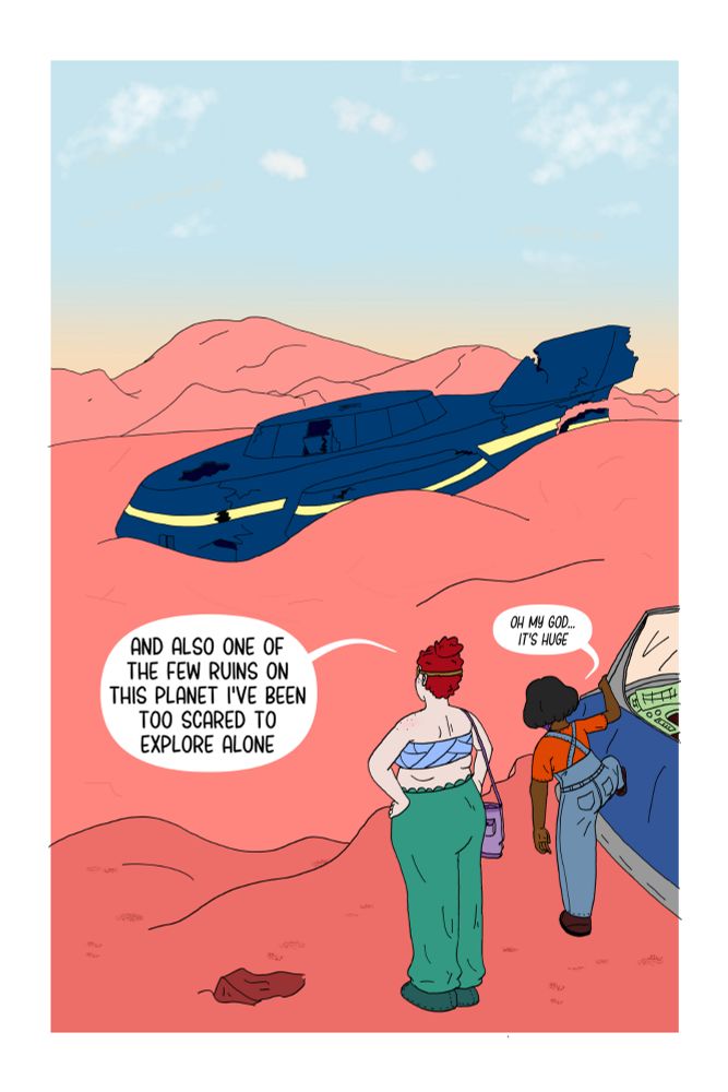 A comic panel from "Rita & Josey in the Red Dirt Ruin" as the two characters look at a mysterious ruined spaceship.