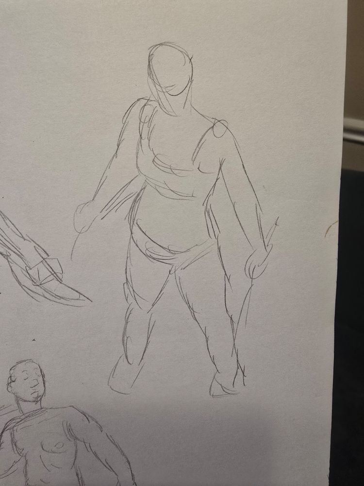 A rough sketch of someone in a power stance from a downward angle. 
