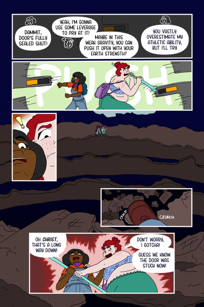 Page 12 of the comic Red Dirt Ruin. Rita & Josey break open the door and notice the ship's decks are completely crumbled, leaving only the outer edges to their fright.