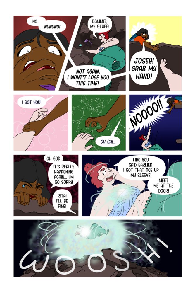 A comic page shows Rita panicking while Josey falls and attempts to catch her. Rita grabs Josey's hand but it slips out and she keeps falling while Rita screams out "Nooo!" Josey however reassures Rita, saying she has an ace up her sleeve as she teleports away with a power she harnesses from inside herself. 