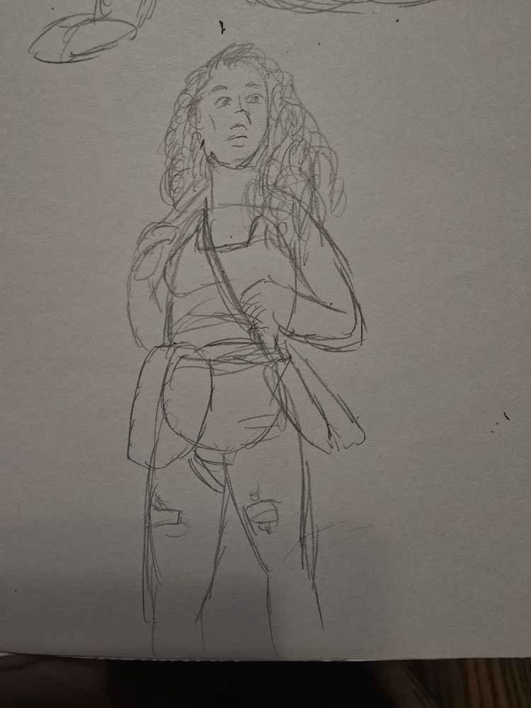 A sketch with someone standing. 