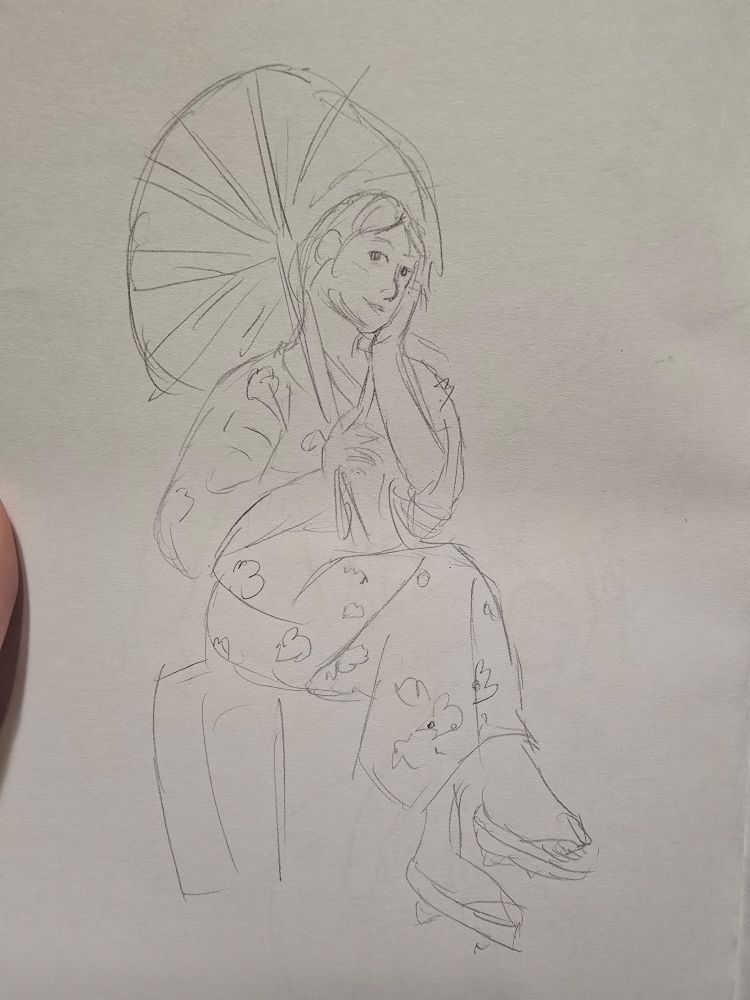 A sketch of someone sitting in a yukata with a parasol. 