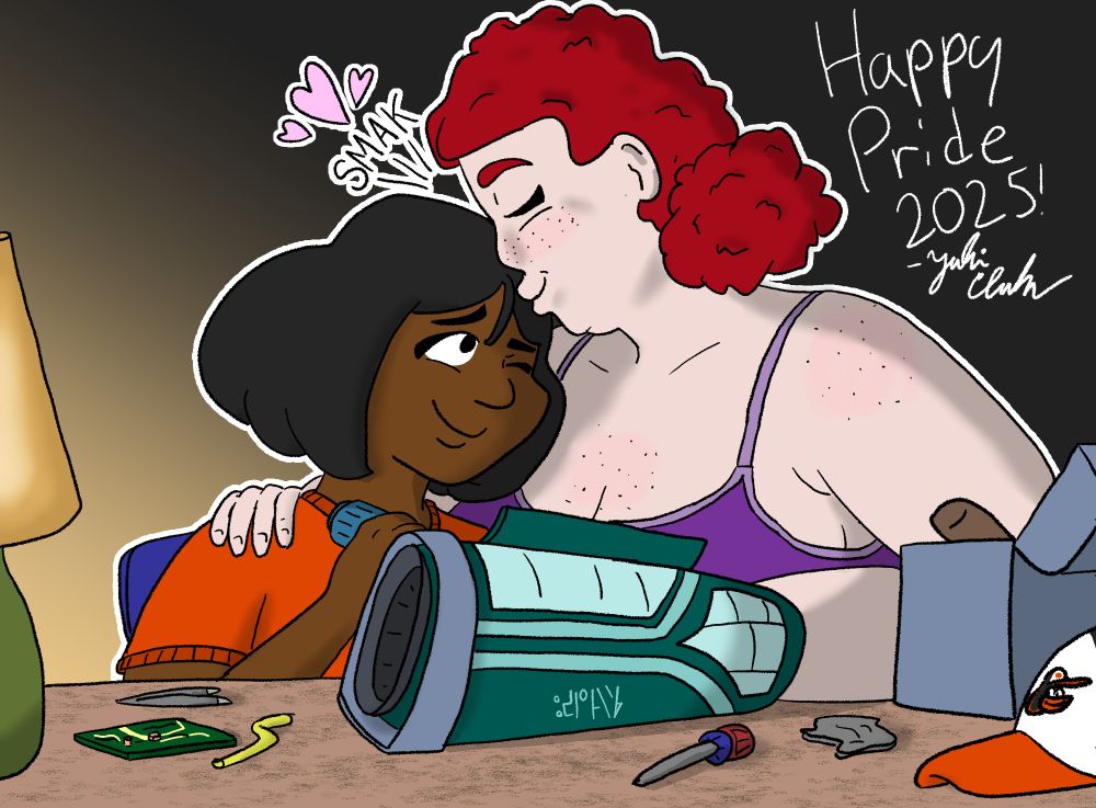 A Pride 2025 illustration of Rita & Josey  having a small moment of Josey kissing Rita on the forehead while the latter tinkers with some alien tech. 
