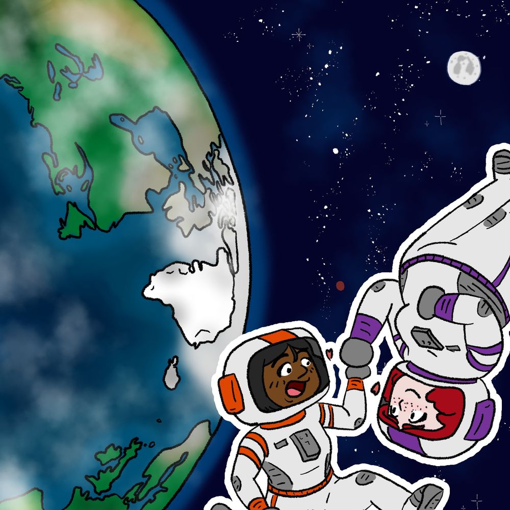 An illustration of chibi Rita & Josey as astronauts floating above the earth
