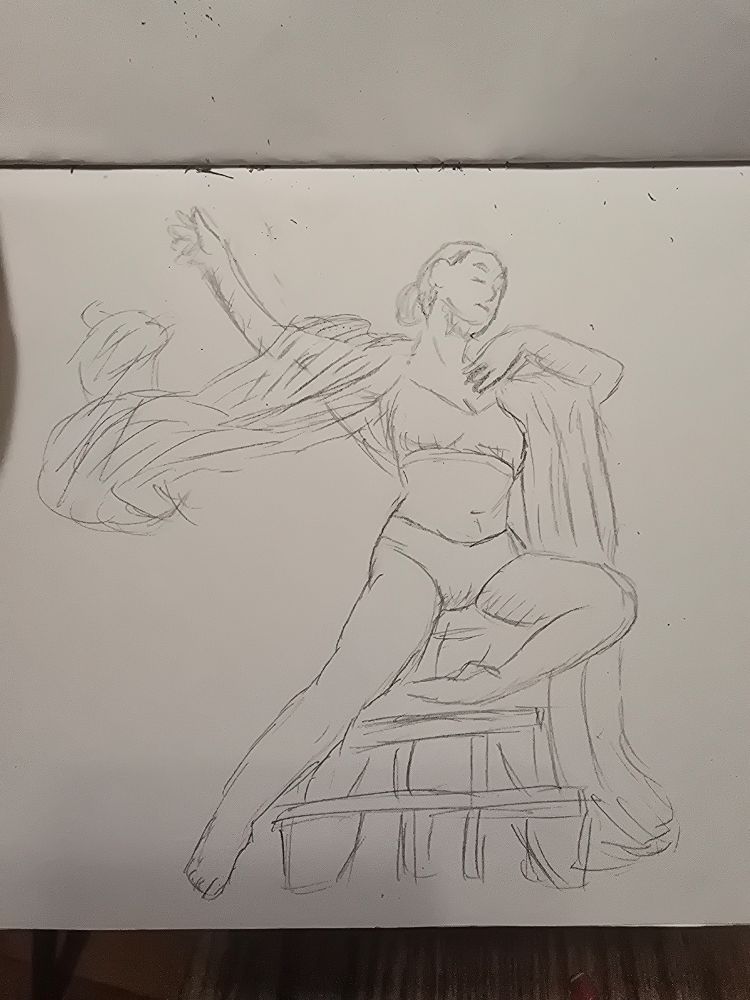 A sketch of a model posing with flowing fabric. 