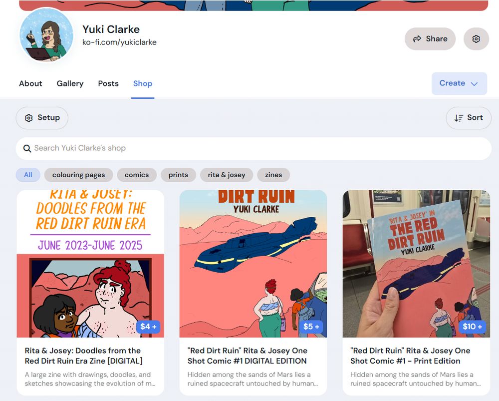 A screenshot of my Ko-fi store and the first few items