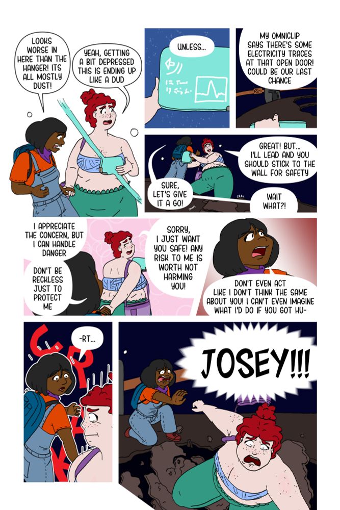 Page 13 of the comic Red Dirt Ruin. Josey notices a door that has electrical traces open, and directs Rita to stay safe while she leads. Rita argues saying they care about Josey too but gets cut off by a loud crack and Josey falling through the floor.