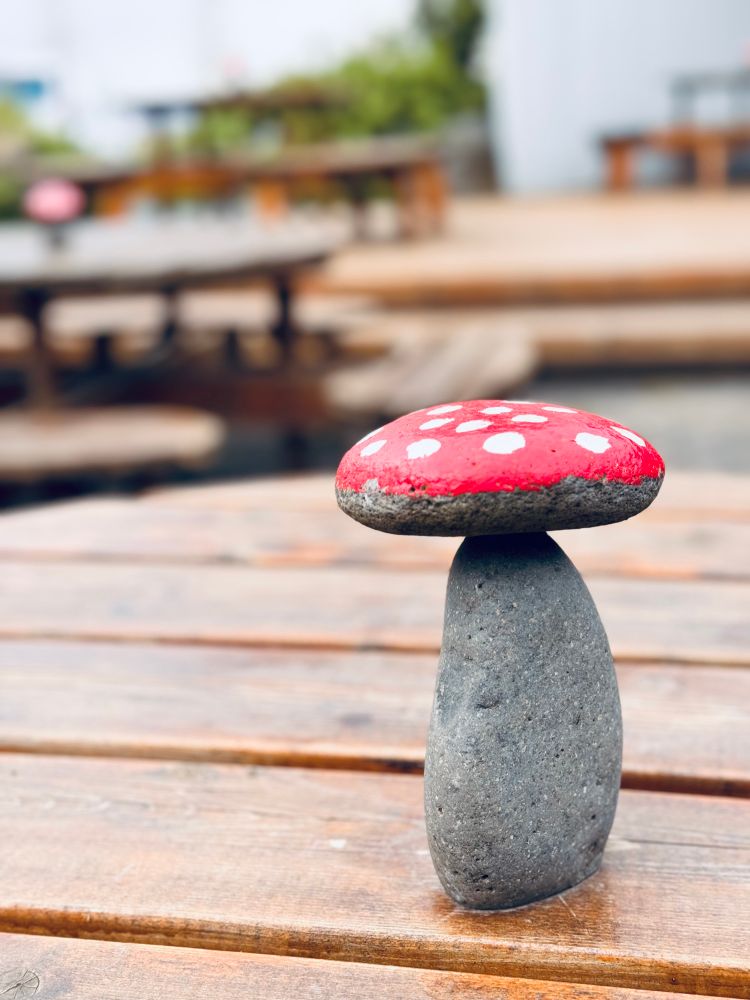 Mushroom decor from the mushroom farm in Iceland. It is made of two grey stones stacked atop each other. The top stone is painted red with white dots.