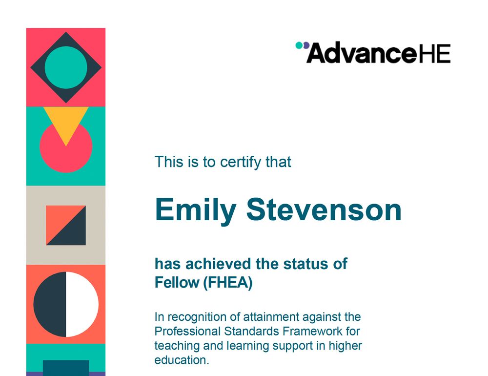 Screenshot of a certificate from AdvanceHE confirming Fellowship