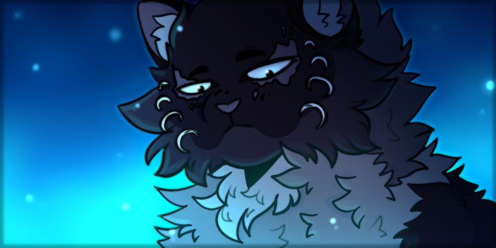 a drawing of a black cat looking serious, with blue flames surrounding them