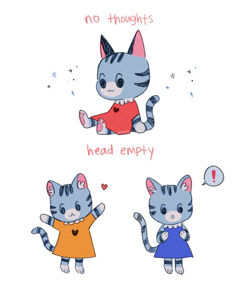 Artist’s renditions of Lolly from Animal Crossing. There are 3 sketches of her. The first is Lolly sitting down and wearing a red dress with a white collar and a small black heart in the center of her chest. Stars are drawn floating around her. The second is Lolly standing reaching her arms up wearing an orange dress with a white collar and a black heart in the center of her chest. Above her and to the right is a small red heart. The third is of Lolly standing and looking down at her own front paws with a shocked expression on her face. She is wearing a blue dress with a white collar. Above and to the right of her is a small speech bubble with an exclamation point in it. 

There is a red handwritten text that says “no thoughts head empty” around the drawings. 