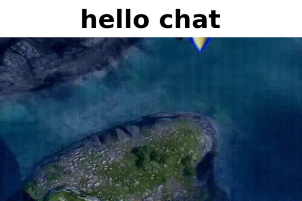 an aerial view of a small island with the words hello chat written above it