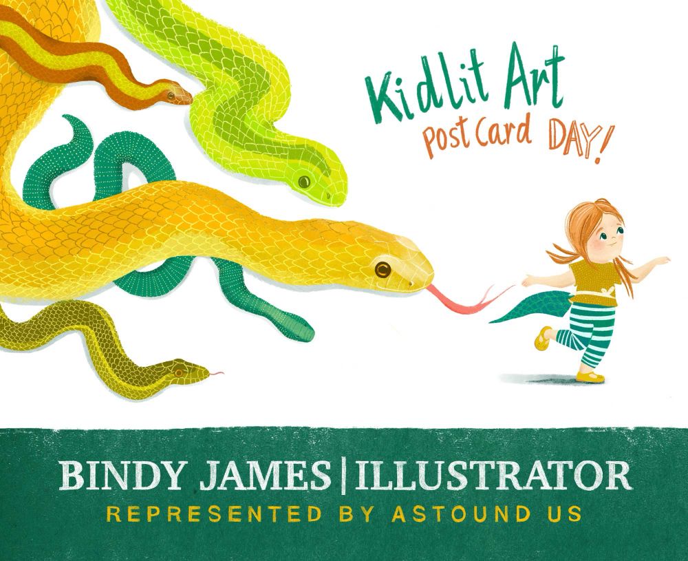 An illustration for #kidliartpostcard day. There are 5 snakes creeping up on a little girl dressed in a snake costume. 