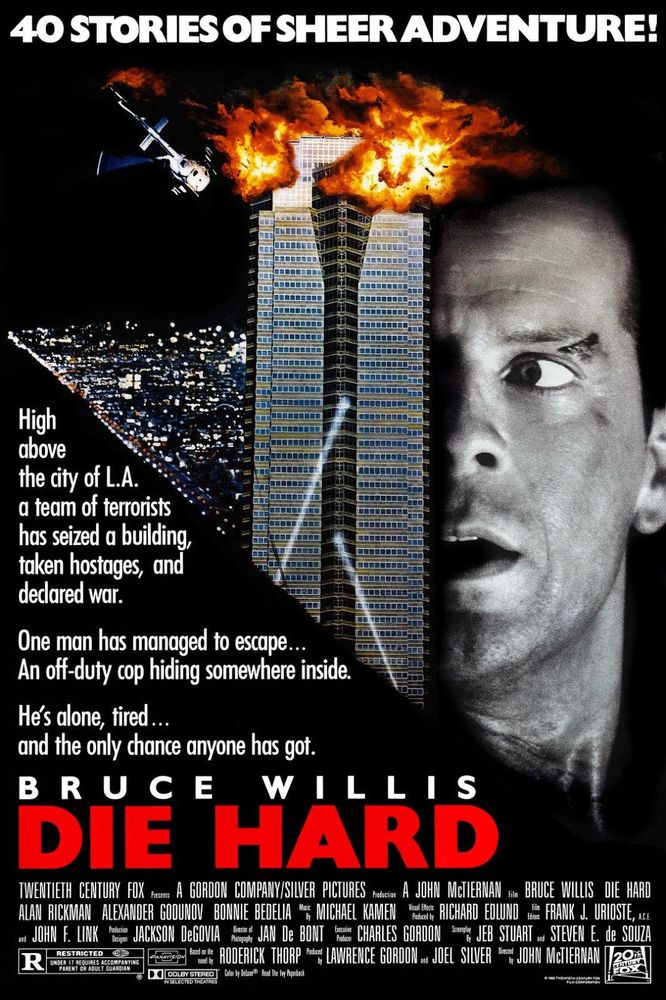 DIE HARD movie poster with a face next to a building and a wall of text promoting the movie plot. 
