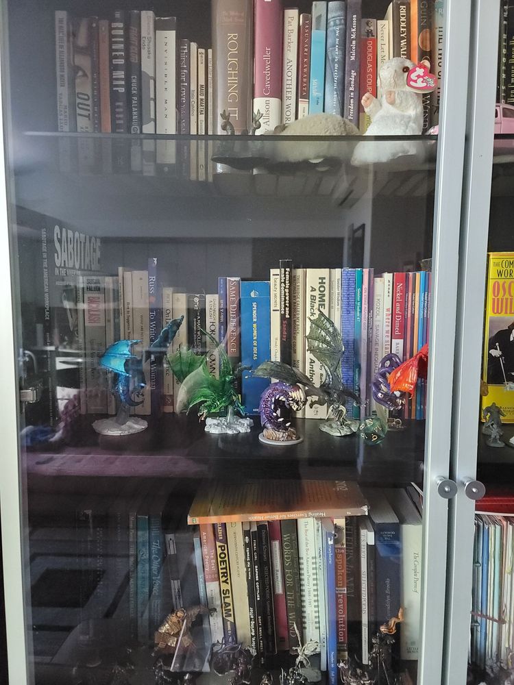 A picture of a glass door bookcase displaying fiction, feminism, and poetry along with a bunch of tabletop miniatures