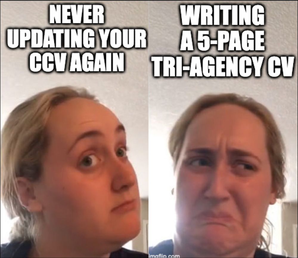 Two stills from the Kombucha lady meme. The left says "Never Updating Your CCV again" and has a positive facial expression, the right says "Writing a 5-page Tri-Agency CV" and shows her grimacing.